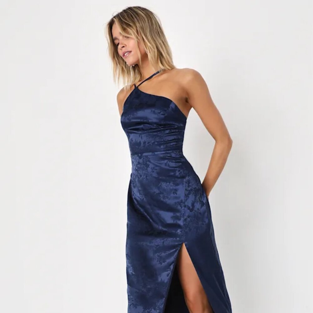 Lulus Desirable Dream Satin Jacquard Halter Neck Midi Dress